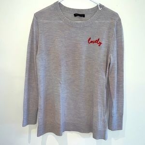 Banana Republic Extra Fine Merino Wool Sweater Heather Blue Red Cursive LOVELY